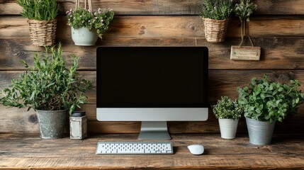 Modern computer on rustic wooden desk surrounded by potted herbs and plants.
