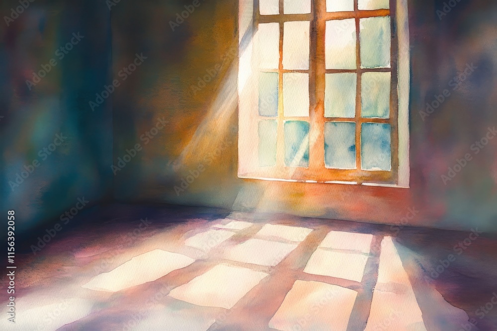 Poster a window in a room with sunlight shining through it. the room is empty and the window is the only so