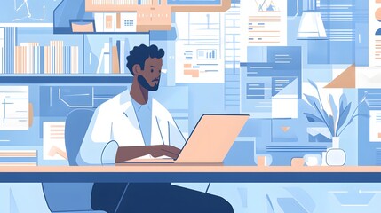 Man Working On Laptop In Busy Office Space