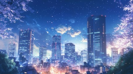 Night Cityscape with Cherry Blossoms