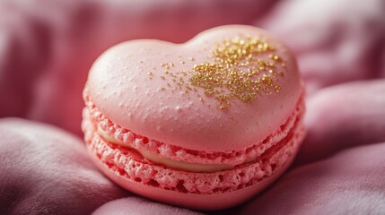 A close-up of a heart-shaped macaron in pastel pink with a gold dust finish, resting on a soft velvet cushion, valentine themed background, love relationship