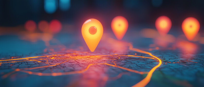 Illuminated GPS Location Pin on City Map.