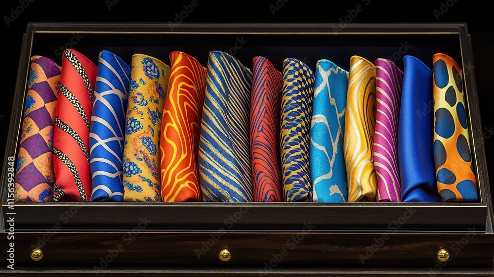 Poster a display of silk pocket squares in vibrant patterns, each carefully folded and arranged in a luxuri