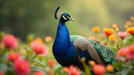 Obraz premium A majestic peacock stands amidst a sea of vibrant blossoms, its resplendent plumage unfurled, as it gazes off to the side with reg 