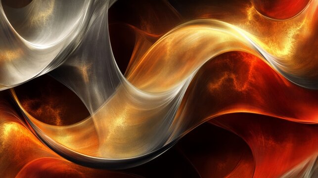 A gold and silver wave with red and orange swirls. The wave is very long and has a lot of detail