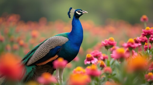 A majestic peacock stands amidst a sea of vibrant blossoms, its resplendent plumage unfurled, as it gazes off to the side with reg 