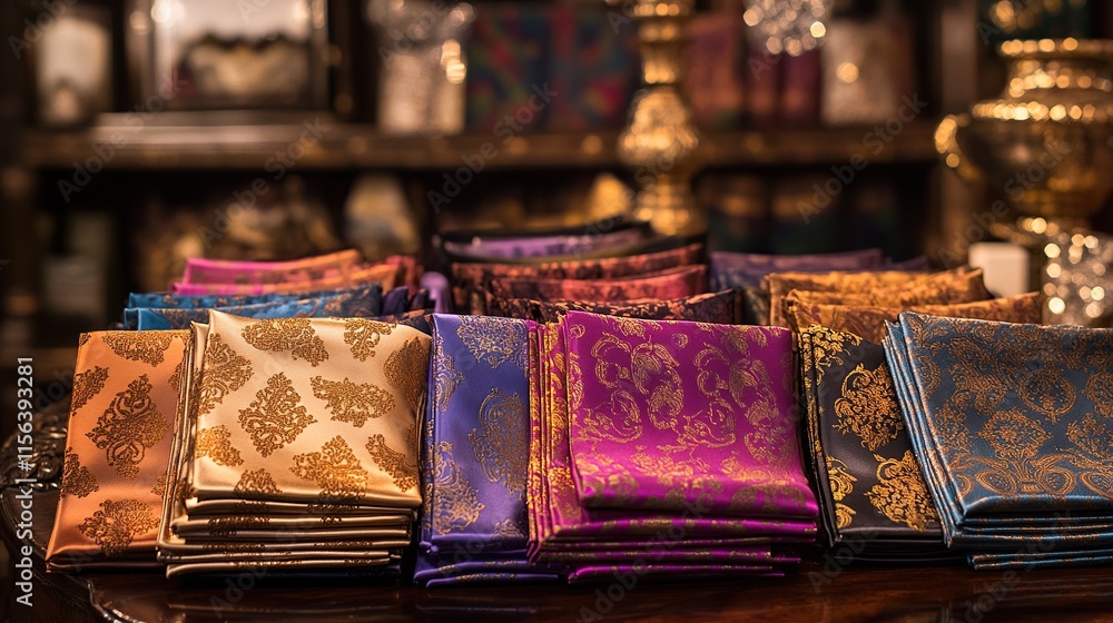 Poster a display of silk pocket squares in vibrant patterns, each carefully folded and arranged in a luxuri