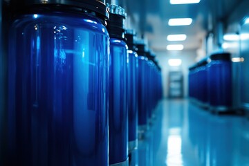 Row of large, shiny blue industrial cylinders. Ideal for illustrating pharmaceutical, chemical, or tech concepts.