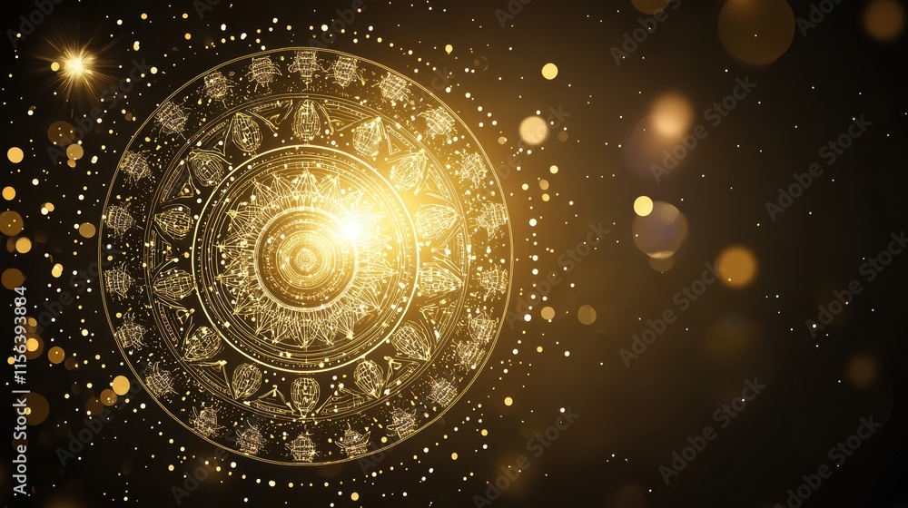 Poster golden mandala design with sparkling bokeh background effects
