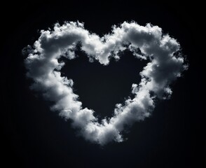 White cloud in the shape of a heart isolated on a black background, symbolizing love and creativity.