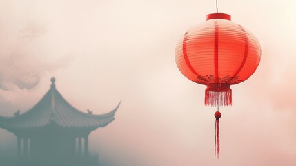 Obraz premium Minimalist Design Featuring Traditional Red Lantern Against Soft Background with Eastern Architecture