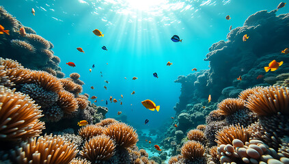 Fototapeta premium Underwater view of a coral reef teeming with colorful fish and marine life, with sunlight streaming through the crystal-clear water.