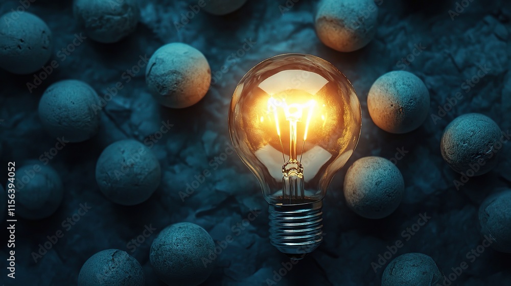 Poster flat lay illustrating concept of clarifying ideas with light bulb