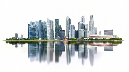 Fototapeta premium Urban Skyline Reflections: A vibrant cityscape with towering skyscrapers and glassy facades reflected in a tranquil body of water, showcasing a modern architectural marvel against a clear.