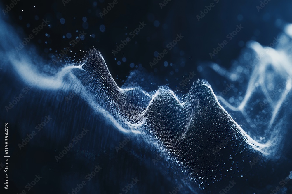 Poster a captivating abstract digital waveform with glowing particles and light effects on a dark backgroun
