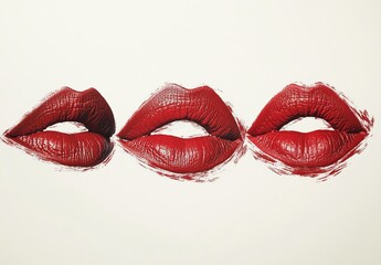 Fototapeta premium Vibrant Red Lipstick Marks Arranged in Lip Shapes on a Clean White Canvas