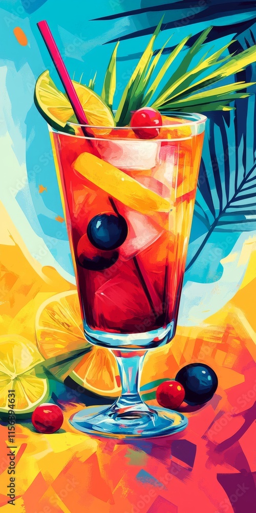 Poster a colorful drink with a straw in it. the drink is in a glass and has a slice of lime in it. there ar