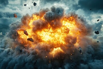 Fototapeta premium Massive explosion with fiery debris and smoke. Ideal for illustrating destruction, disaster, or power.