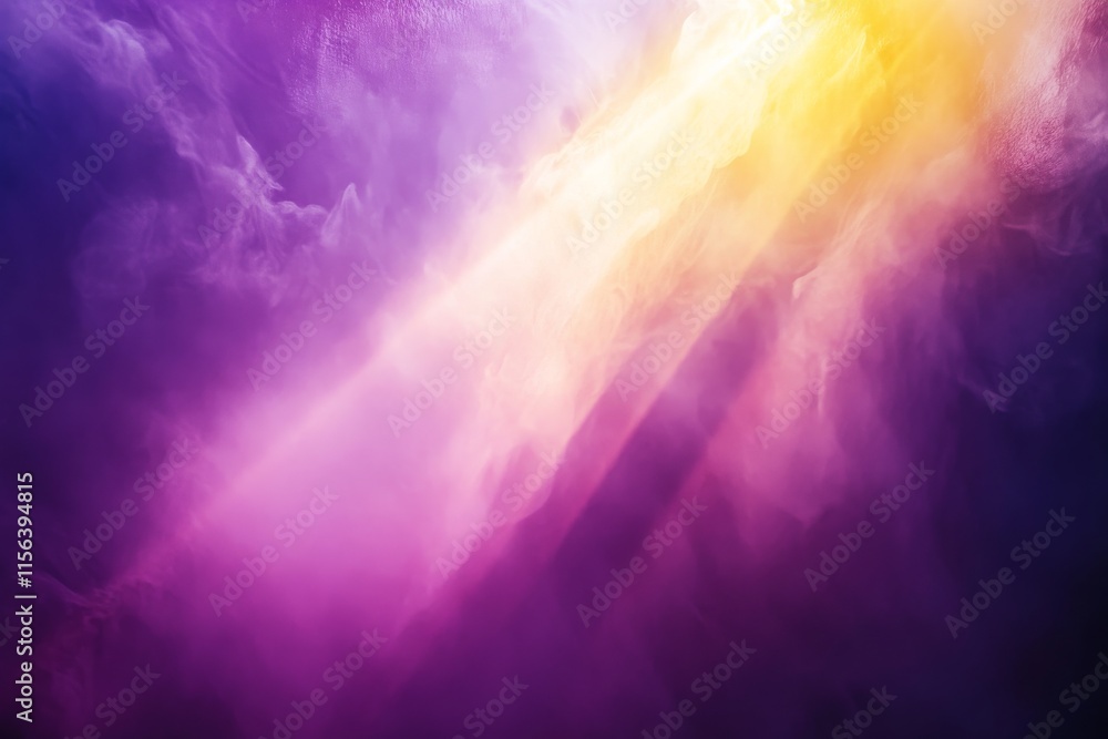 Poster vibrant abstract image featuring dynamic light rays in a purple and yellow cloudscape, perfect for c