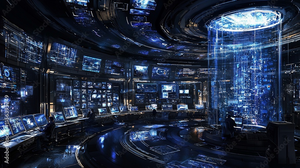 Aufkleber futuristic control room with holographic displays and data streams.