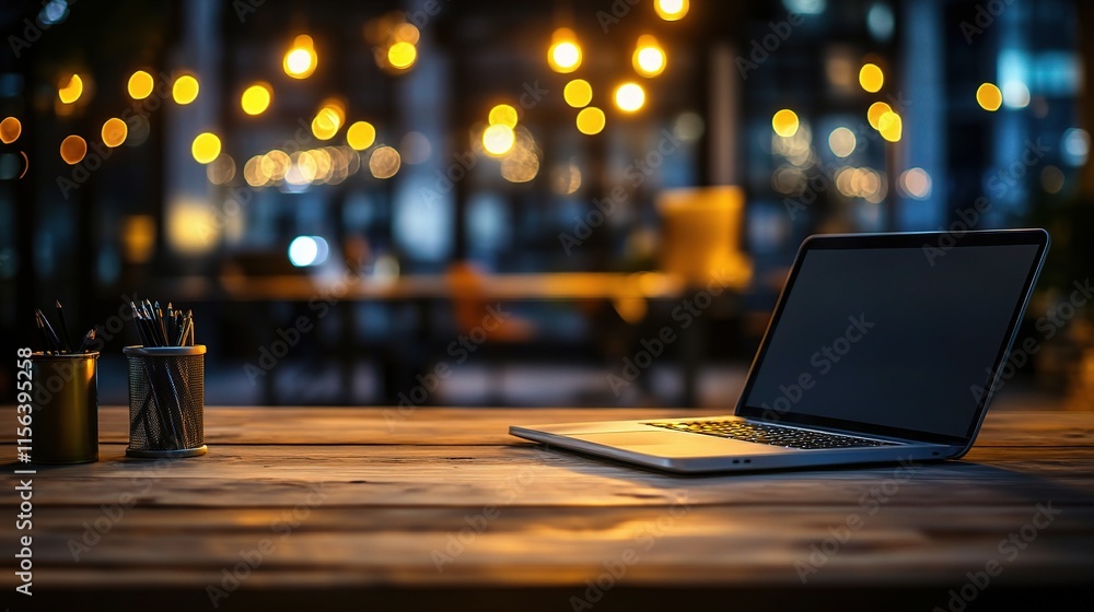 Poster Empty Office Space with Blurred Lights and Open Laptop on Table