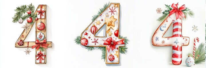 watercolor illustration of the letter typography minimalist. Festive holiday-themed number four decorated with ornaments and ribbons.
