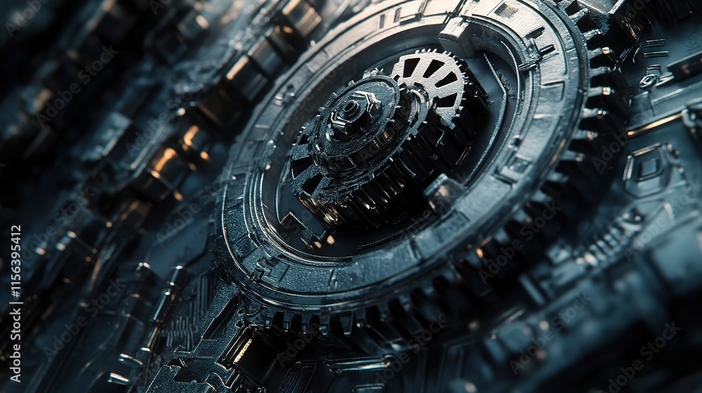 Poster Interlocking Gears: A mesmerizing abstract image of intricate gears interlocked in a complex and mesmerizing pattern, showcasing the beauty and precision of machinery.