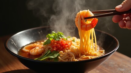 Backlit shot of hot steaming fresh prawn Ramen noodles in a black ceramic soup bowl, with a prawn and some noodles being held up by chopsticks, ready to be eaten. 