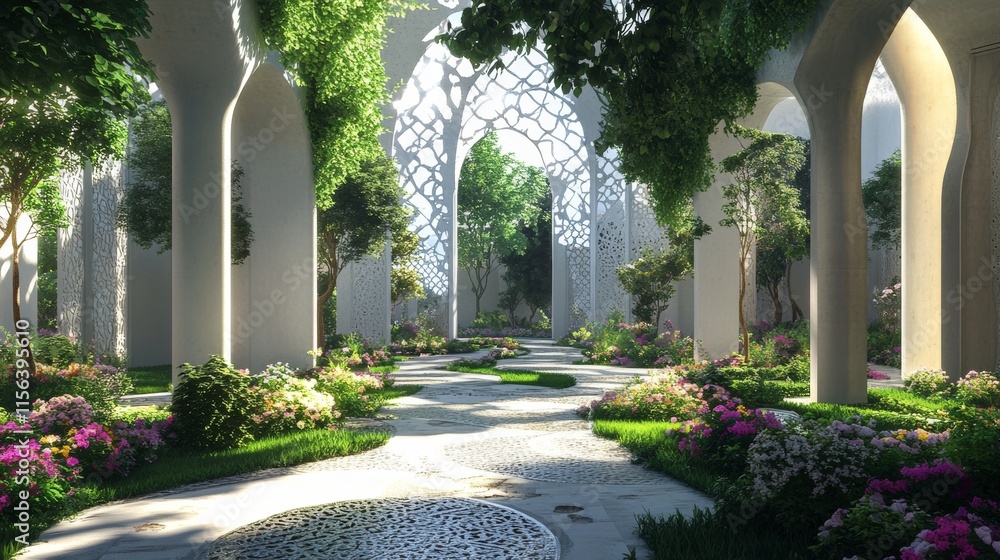 Poster a large, open space with a path through it. the path is lined with trees and flowers