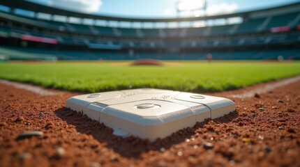 Close up view of a baseball field s base within a stadium, showcasing the intricate details of the base and surrounding turf, emphasizing the vibrant environment of the baseball field.