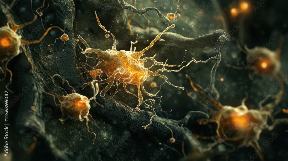 Poster microscopic view of neurons with glowing synapses in darkness