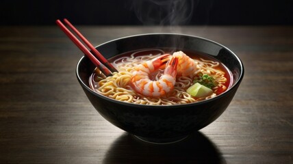 Backlit shot of hot steaming fresh prawn Ramen noodles in a black ceramic soup bowl, with a prawn and some noodles being held up by chopsticks, ready to be eaten. 