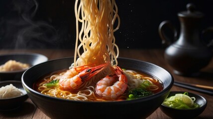 Backlit shot of hot steaming fresh prawn Ramen noodles in a black ceramic soup bowl, with a prawn and some noodles being held up by chopsticks, ready to be eaten. 