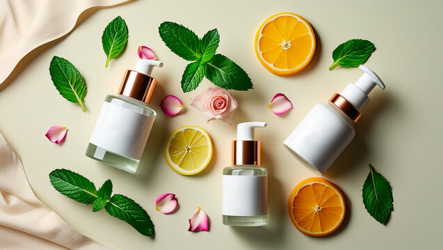 MOCK-UP , Natural Skincare Products with Citrus, Mint, and Botanical Elements Arrangement