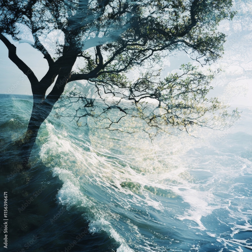 Poster double exposure of refreshing ocean waves merging with a tree branches.