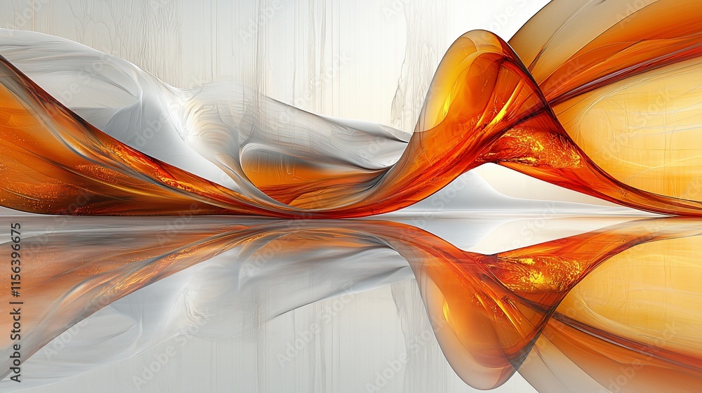 Poster abstract orange and white flowing liquid forms reflecting on a glossy surface.
