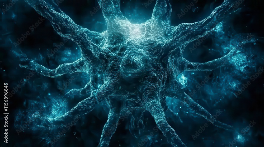 Poster a detailed, abstract representation of a cell, showcasing intricate structures and glowing features 