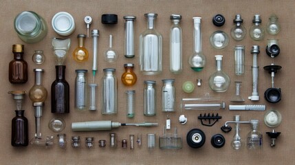 A collection of various glass bottles and vials arranged neatly on a textured surface, showcasing different shapes and sizes.