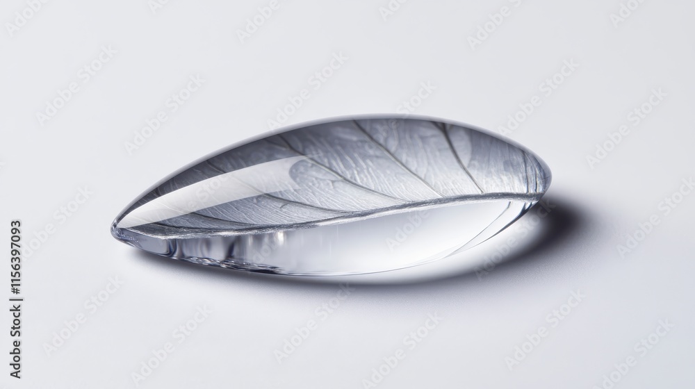 Poster a transparent, leaf-shaped object rests on a smooth surface, showcasing delicate veins and a reflect