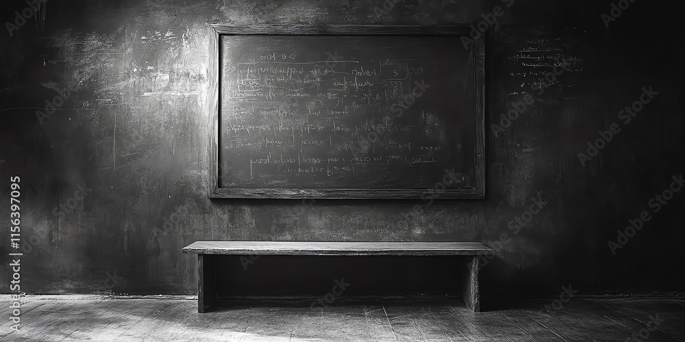 Poster empty classroom with chalkboard and bench.
