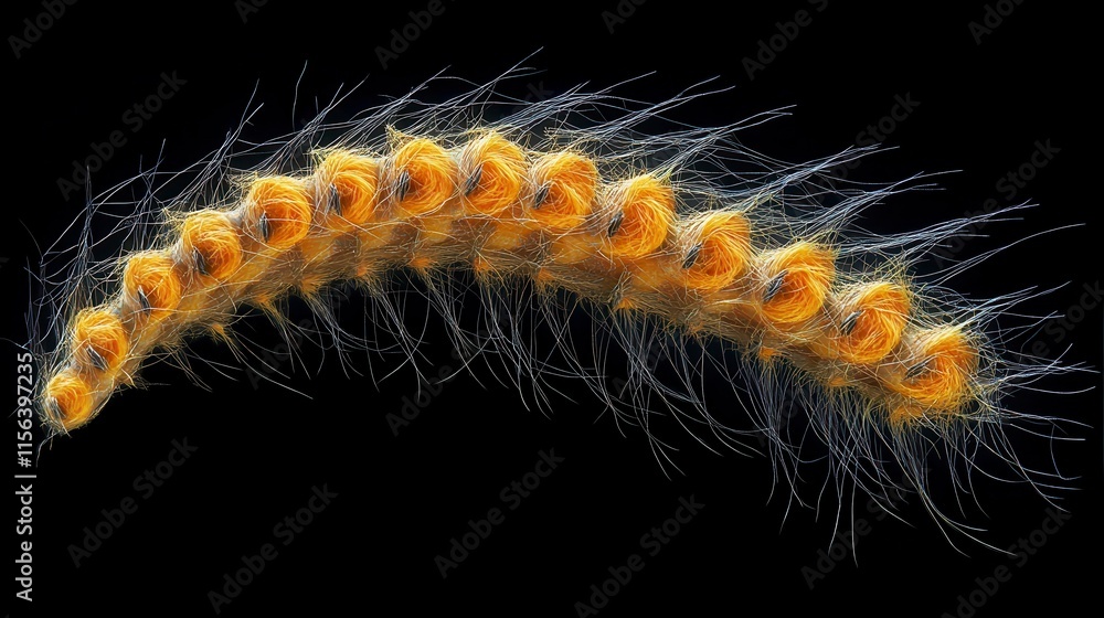 Poster a close-up view of a colorful, hairy caterpillar showcasing its vibrant patterns and unique structur