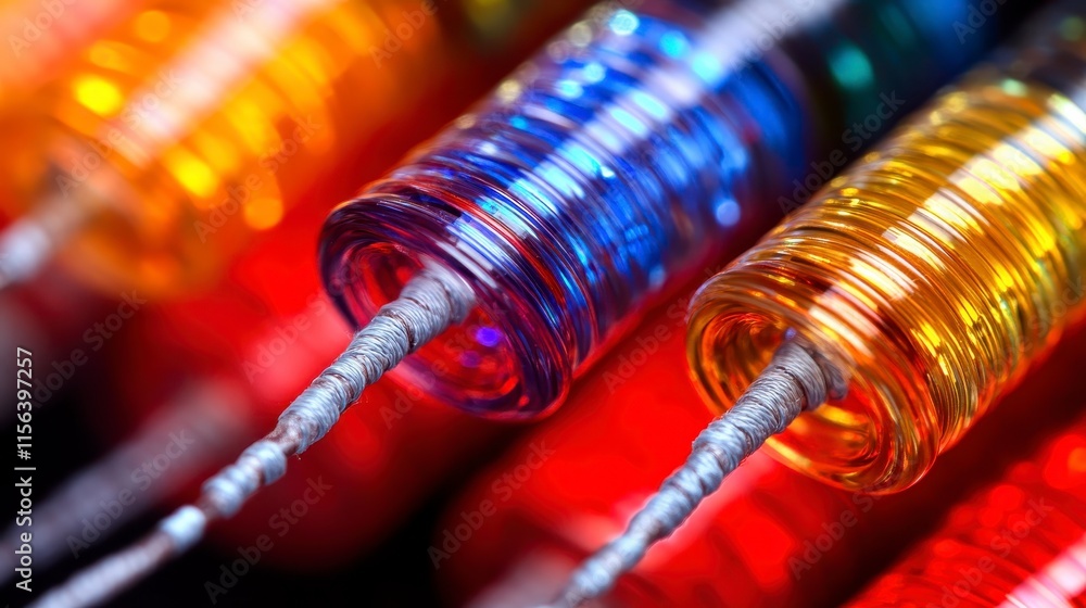 Poster a close-up view of colorful, coiled wires, showcasing vibrant hues and metallic threads, highlightin