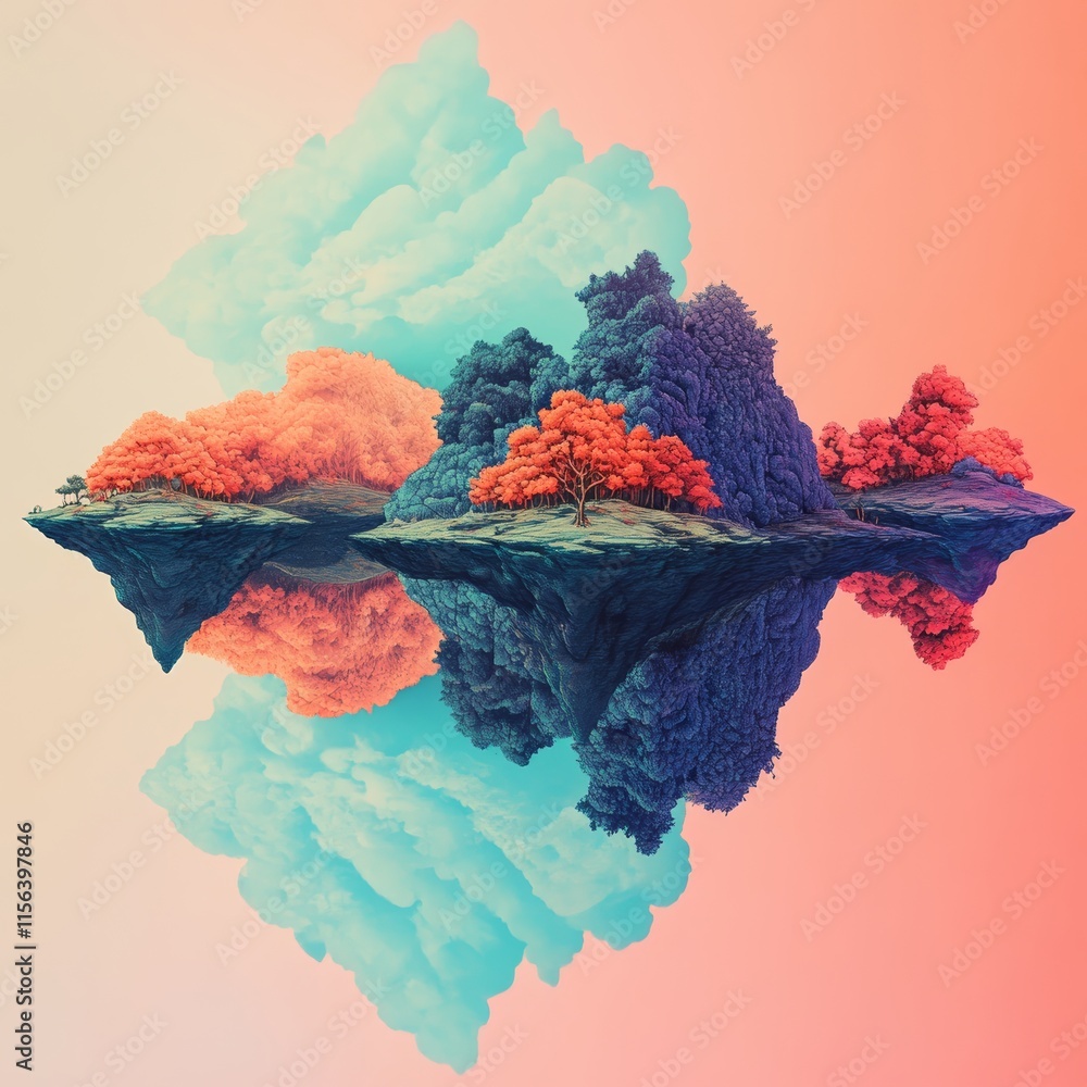 Poster a surreal landscape featuring floating islands with colorful trees and a mirror reflection against a
