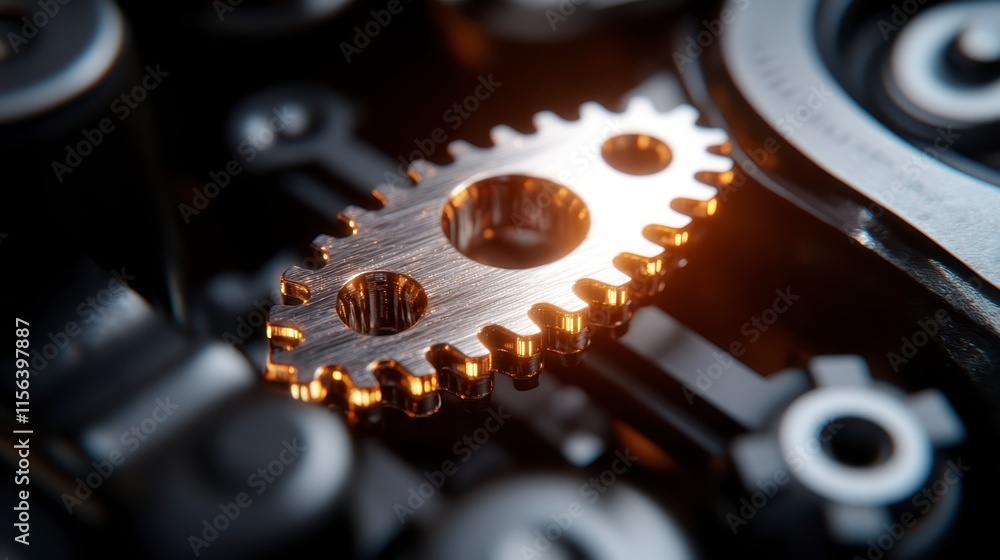 Poster a close-up of a shiny gear surrounded by dark mechanical components, showcasing intricate details an