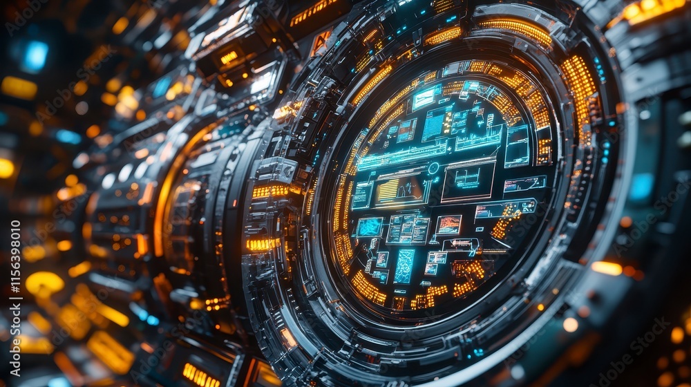 Poster a futuristic, high-tech circular interface featuring intricate patterns, glowing lights, and a compl