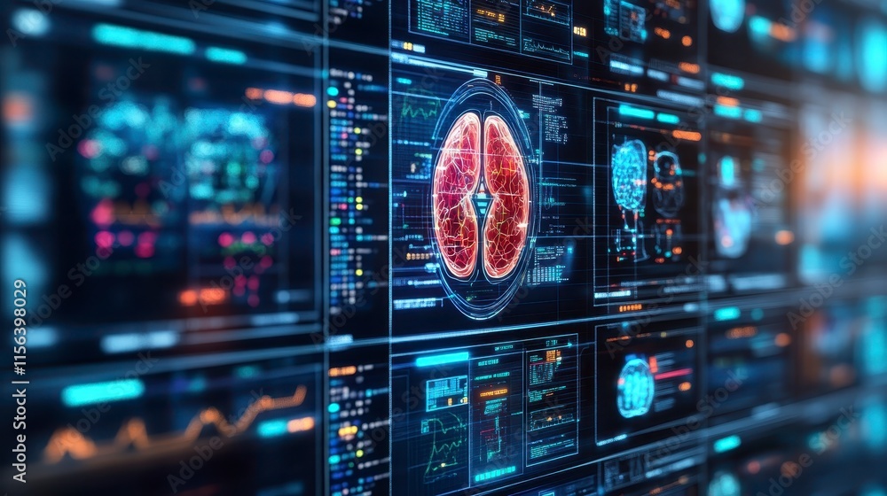 Poster a futuristic display showcasing a digital brain surrounded by data visualizations and analytics.