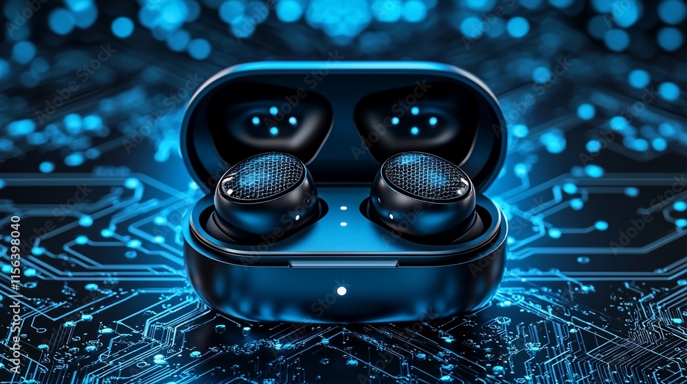 Poster wireless earbuds in charging case on circuit board.
