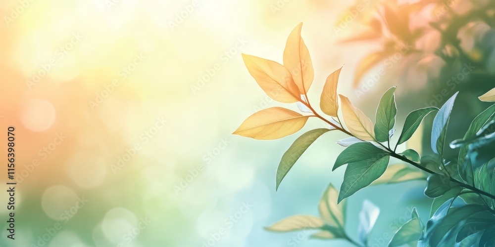 Poster close-up of sunlit leaves with a soft bokeh background, capturing the essence of tranquility and nat