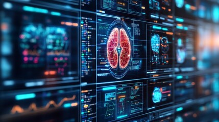 Fototapeta premium A futuristic display showcasing a digital brain surrounded by data visualizations and analytics.