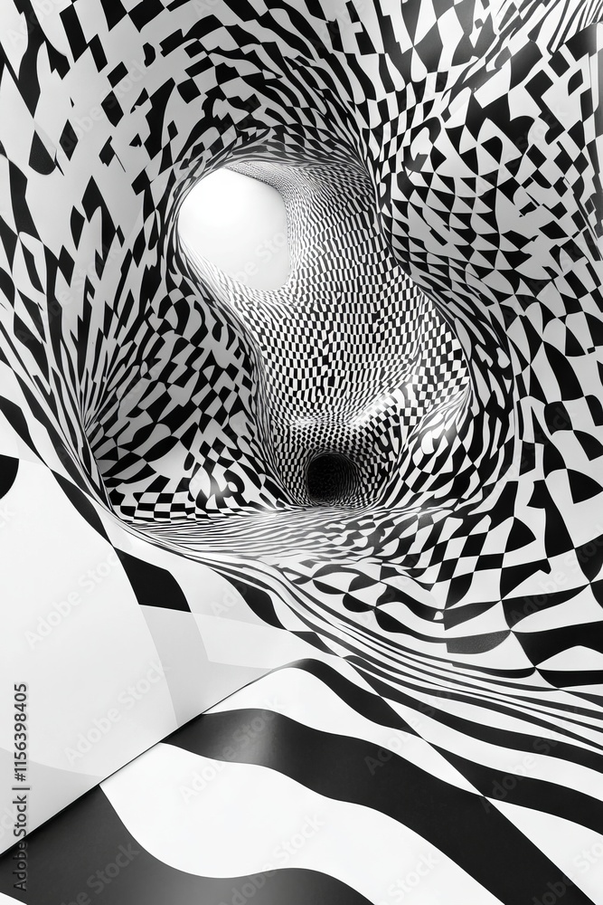 Poster a mesmerizing black and white optical illusion tunnel with checkered patterns, creating a surreal an